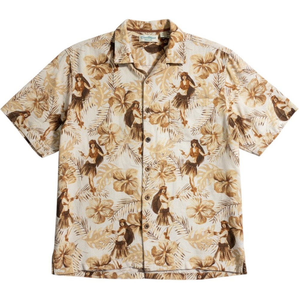 Vintage Silk Hawaiian Shirt Hula Girl Tropical Hibiscus Waffle Weave Aloha Top L